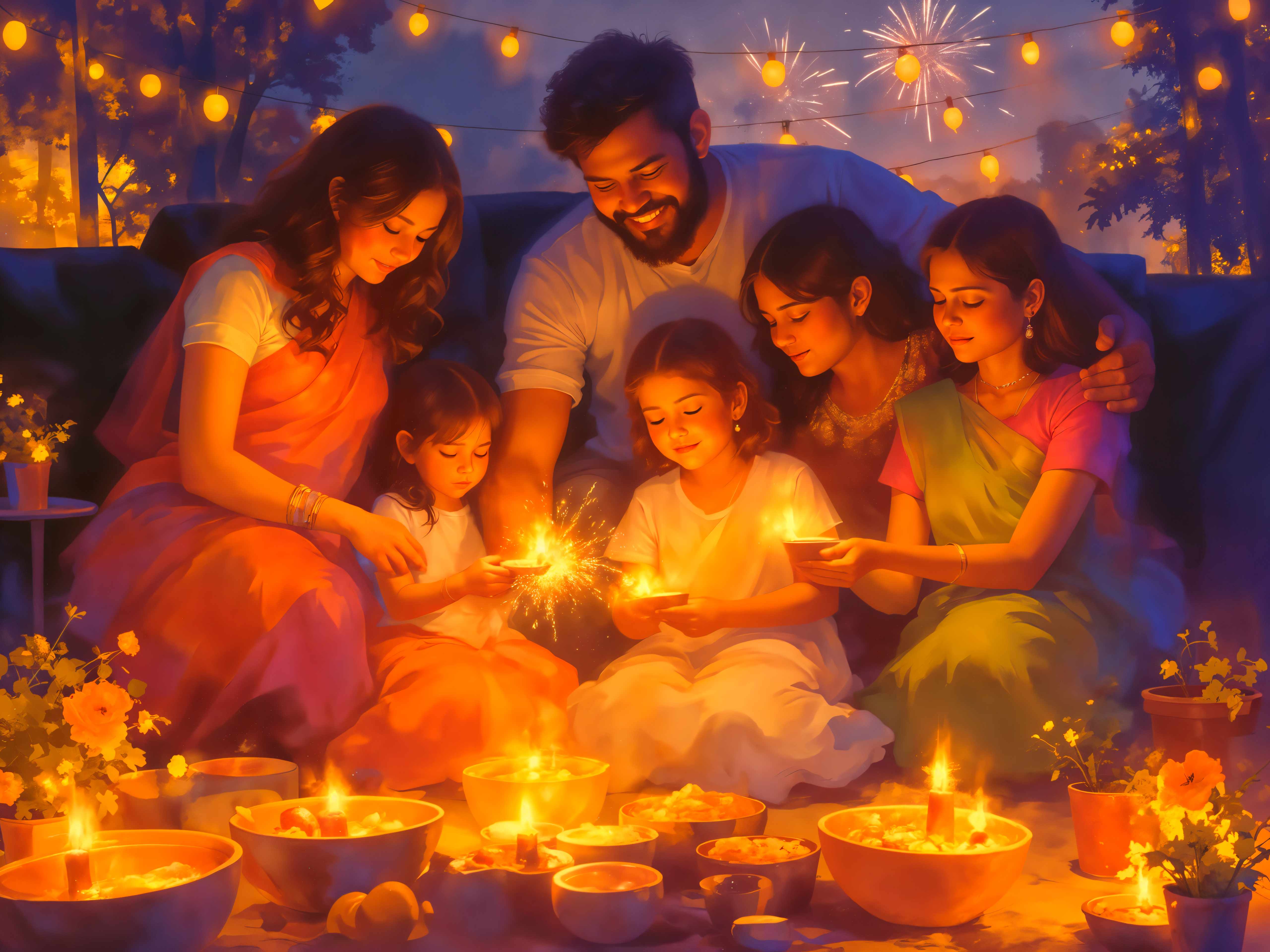 Family celebrating Diwali with fireworks and diyas